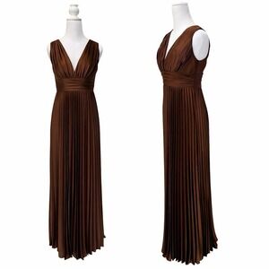 Revelry Celine Satin Chocolate Brown Maxi Dress Size 6 Formal Gown Pleated